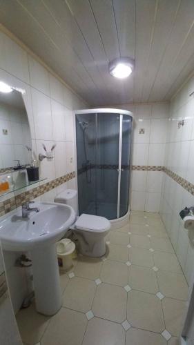 a bathroom with a shower and a toilet and a sink at Marvarid INN in Samarkand