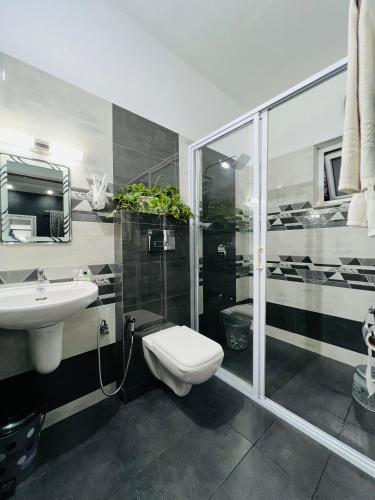 a bathroom with a toilet and a sink and a shower at Villa Tesori Homestay Wayanad in Meppādi
