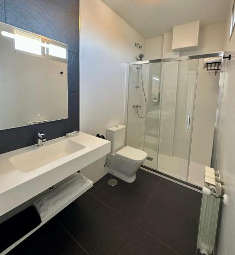 ein Badezimmer mit Waschbecken, Toilette und Dusche in der Unterkunft Hotel Marola in A Lanzada