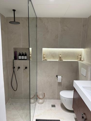 a bathroom with a shower and a toilet at Nitza 14 in Netanya