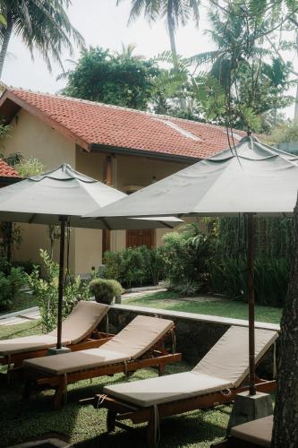 two lounge chairs and umbrellas in front of a house at The Spice Trail, Ahangama in Ahangama