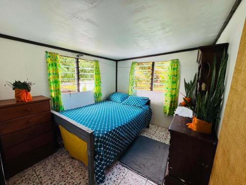 ein kleines Zimmer mit einem Bett und zwei Fenstern in der Unterkunft Niusiladi in Taveuni