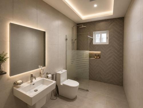 a bathroom with a toilet and a sink and a shower at 52stone scent poolvilla - A in Angeles
