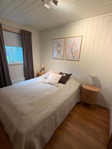 a bedroom with a large bed and two tables at Gateway to Jotunheimen 4 Guests in Øvre Årdal