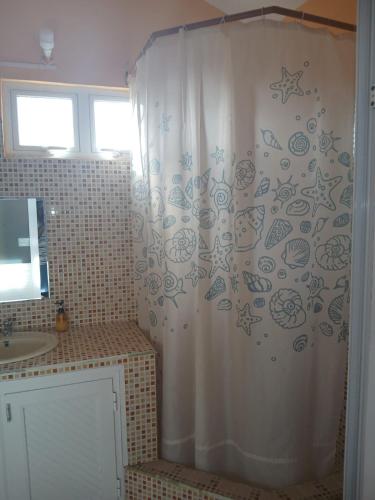 a bathroom with a shower curtain and a sink at Hibiscus chez Arielle in Rodrigues Island