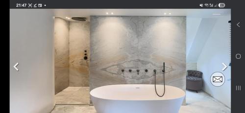 a bathroom with a bath tub and a wall at Villa Hortensia in Meise