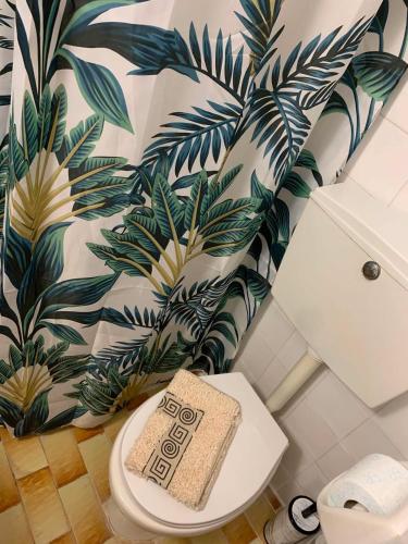 a bathroom with a toilet with a plant wallpaper at Studios Julia in Petra