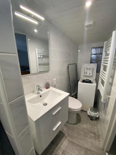 a white bathroom with a sink and a toilet at La maison D'Orée in Polignac