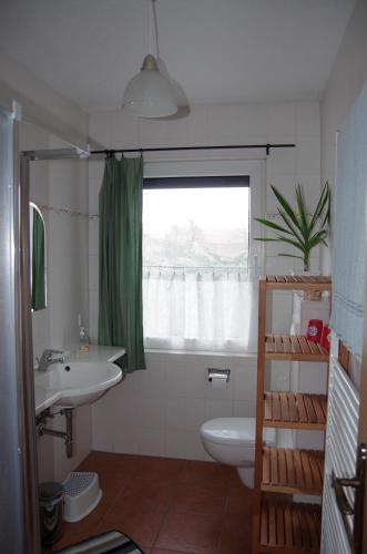ein Bad mit einem Waschbecken, einem WC und einem Fenster in der Unterkunft Ferienwohnung Ferchesar in Stechow