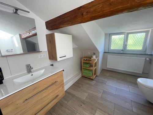 a bathroom with a sink and a toilet in it at Römercastell Wirtshaus & Hotel in Böhming