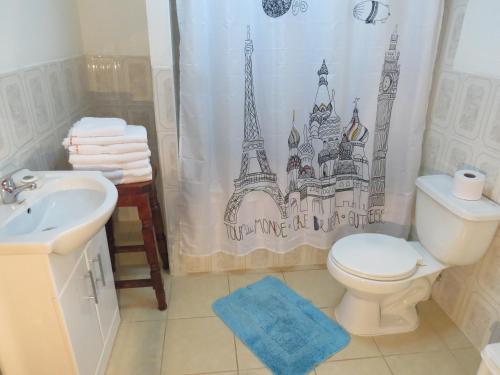 y baño con aseo, lavamanos y cortina de ducha. en Apartamento Bordeluna, en Coyhaique