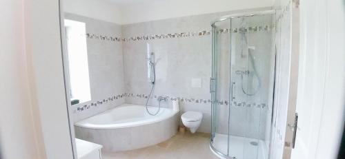 a bathroom with a tub and a shower and a toilet at Fridolins Family Apartment - Ferienwohnung im Südburgenland in Markt Allhau