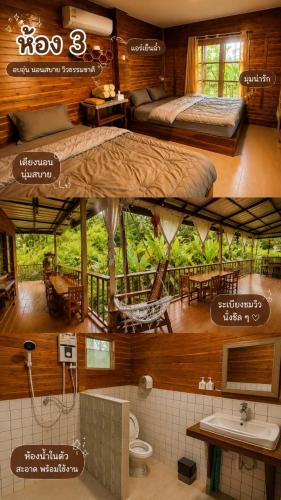 a room with two beds and a hammock in it at ม่อนดอยวิวโฮมสเตย์ in Ban Pa Miang