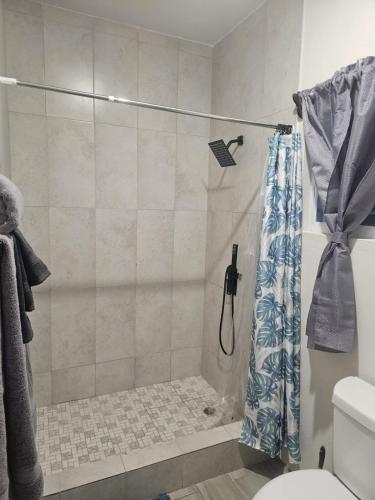 a bathroom with a shower with a shower curtain at z'view apartments in Cayon