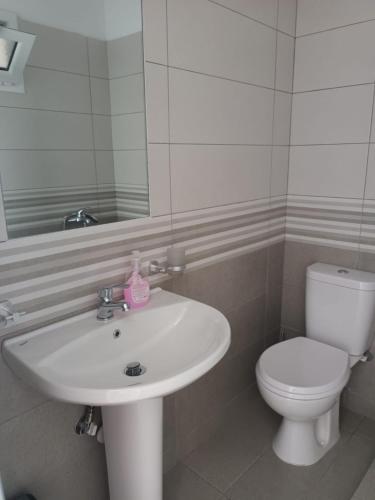 a bathroom with a sink and a toilet and a mirror at Paradise View in Himare