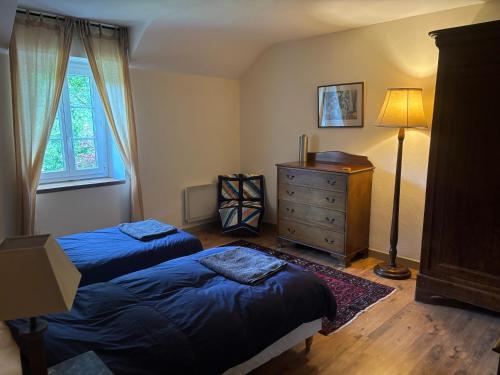 a bedroom with two beds and a dresser and a lamp at Gite du Moulin Vieux in Vigoulant