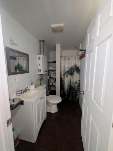 a white bathroom with a toilet and a sink at Nezinscot Pines in Hartford