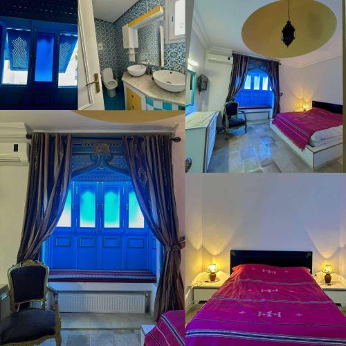 two pictures of a bedroom with a blue door at Villa Omi Zina in Nabeul