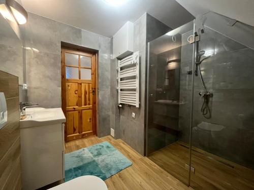 a bathroom with a shower and a sink at Kobakówka in Krynica Zdrój