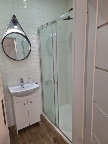 ein Badezimmer mit Dusche, Waschbecken und Spiegel in der Unterkunft Czarwoli in Wola Bokrzycka