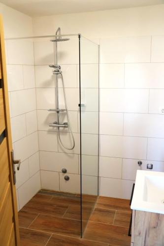 a shower with a glass door in a bathroom at Campanella Old Town by Mrav in Sukošan