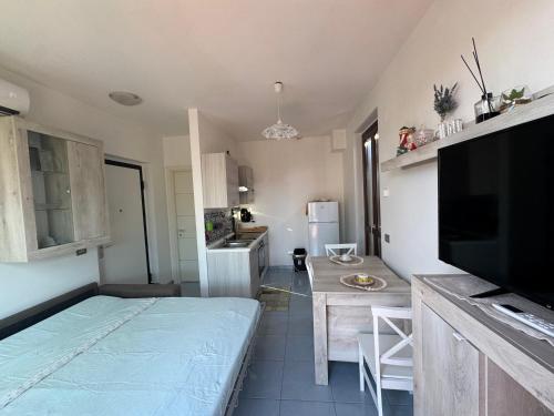 a small room with a kitchen with a table and a television at Casa Numana Adamo ed Eva resort in Numana