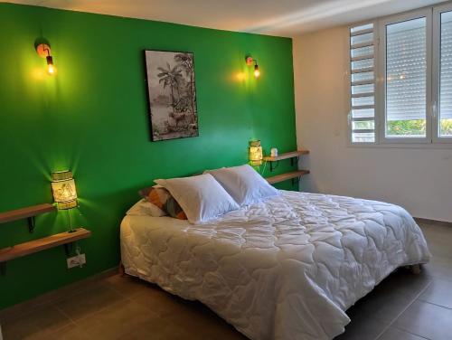 a bedroom with a green wall and a bed at La terrasse de Bonne terre in Saint-Claude
