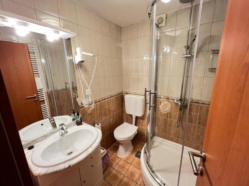 a bathroom with a toilet and a sink and a shower at Guest House Lav in Primošten