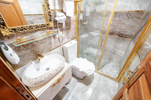 a bathroom with a shower and a sink and a toilet at Şehrizade Konakları in Amasya