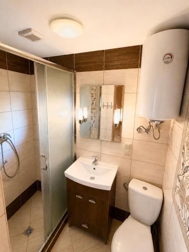 a bathroom with a toilet and a sink and a shower at Domki i Pokoje u Asi in Stegna