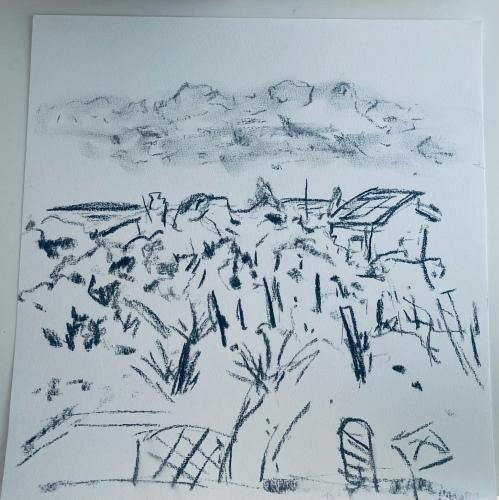 a drawing of a field with a mountain at Un petit Paradis, 5 minutes à pied plage Robinson, terrasse, parking privé, WIFI, vue sur dunes et mer, très ressourçant, à Marseillan Plage in Marseillan