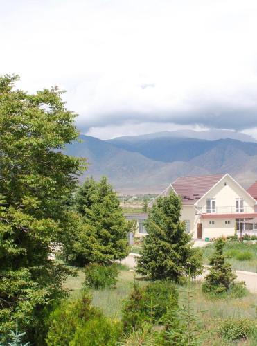 a house with trees and mountains in the background at Двухэтажный коттедж с 2 апартаментами на озере in Dolinka