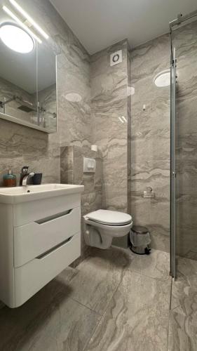 ein Badezimmer mit Toilette, Waschbecken und Dusche in der Unterkunft Petrus in Rafailovici