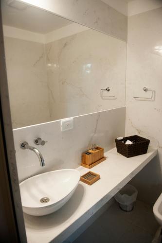 a bathroom with a white sink and a mirror at Terral Suites in Mar de las Pampas