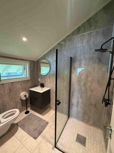 a bathroom with a shower and a toilet and a sink at Arctic Motel and Kautokeino Camping in Kautokeino
