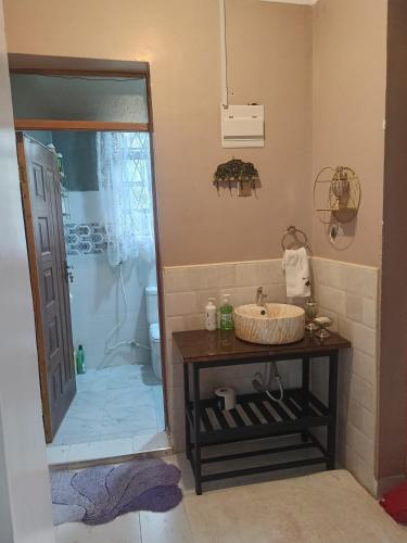 a bathroom with a sink and a shower at Sereni stays in Nakuru