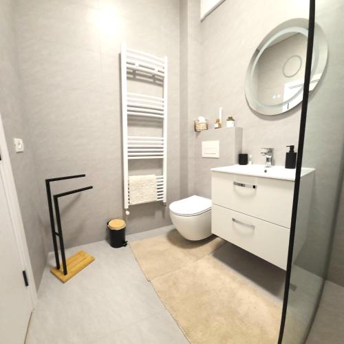 a bathroom with a toilet and a sink and a mirror at Studio S23 in Piatra Neamţ