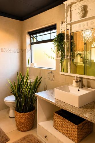 a bathroom with a sink and a toilet and a mirror at Art-Inspired Bedroom Close to CBD in Mossel Bay