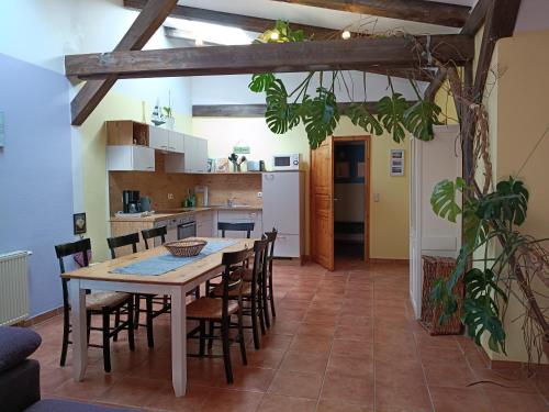 a kitchen and dining room with a table and chairs at Ferien am Schloss - Wohnung 5 "der Hahn", Ferienwohnung am Badesee in Behren-Lübchin