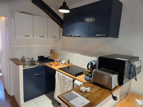 a small kitchen with blue cabinets and a microwave at Le Petit Attique de Versailles in Versailles
