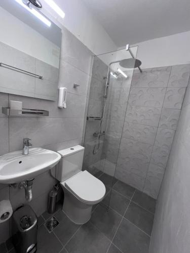 a bathroom with a toilet and a shower and a sink at Kea Harbor 2 in Korissia