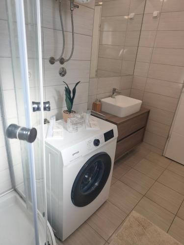 a washing machine in a bathroom with a sink at Apartman Škribulja in Županja
