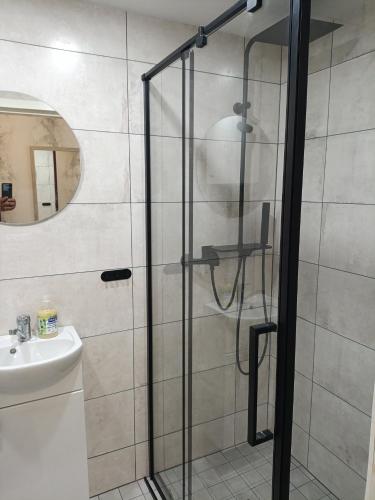 a shower with a glass door next to a sink at Viscosa Sadama tee külaliskorter in Kõrgessaare