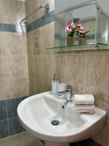 a white sink in a bathroom with a mirror at Armonia Apartments in Archangelos