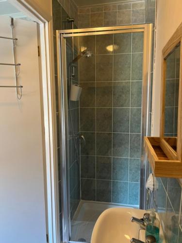 a bathroom with a shower and a sink at Whitecliff View in Sandown