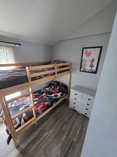 a bedroom with two bunk beds and a dresser at Lownie lodge in Leysdown-on-Sea