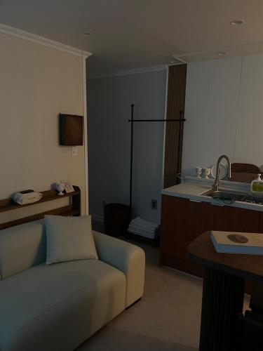 a living room with a couch and a kitchen at Daejeon Motto stay in Daejeon