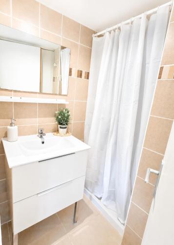 a bathroom with a white sink and a mirror at Petite maisonnette avec accés piscine in Montauban