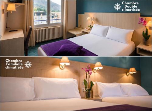 two pictures of a hotel room with two beds at Hôtel Christina Lourdes in Lourdes