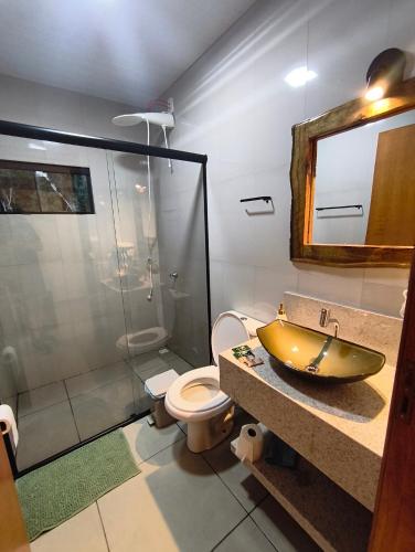 a bathroom with a sink and a toilet and a mirror at Fox pousada das águas in Prudentópolis